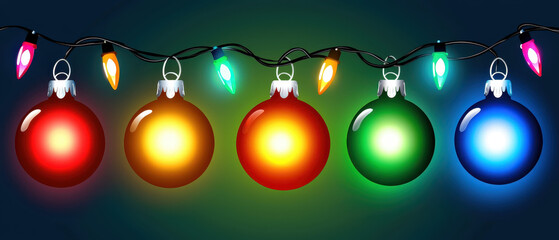 A vibrant display of colorful Christmas ornaments hanging alongside bright lights, creating a festive atmosphere.