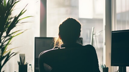 Silhouette of a woman working at a computer in front of a window.