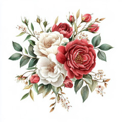 A charming watercolor illustration of blooming roses and peonies, interwoven with leafy branches and small buds. The floral arrangement on a white background is perfect for romantic wedding decor or