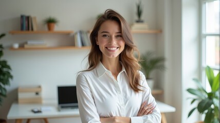 Fototapeta premium Businesswoman smiling in a minimalist office setting.