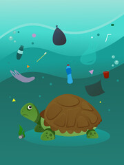 garbage in the ocean; turtle swims in the polluted water; flat vector illustration 