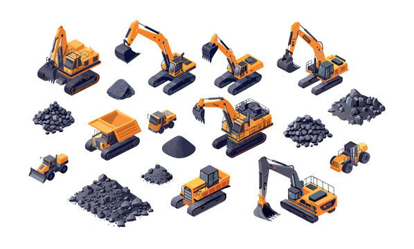 Coal mine digging excavation isometric vector set. Caterpillar excavator dump trucks prospectors workers quarry facility, heavy mining minerals machinery production plant, isolated illustrations