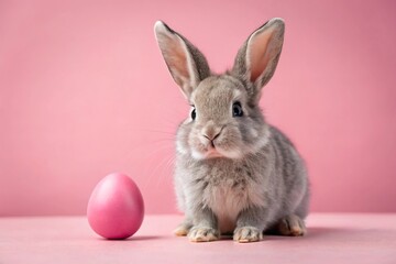 Fototapeta premium Cute gray bunny with Easter egg on pink background Long Shot