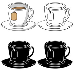 Tea cup in 4 designs, colour, black and white and black with a knockout outline isolated on a transparent background