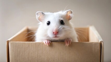 Fototapeta premium Cute hamster peeping out of box with forced perspective