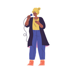 Woman Character Singing with Microphone Enjoy Karaoke Vector Illustration
