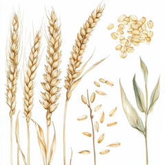 A detailed watercolor illustration of wheat ears and oats, showcasing their dry, golden stalks and seeds in a realistic, isolated design. Perfect for wholegrain harvest-themed projects, this set