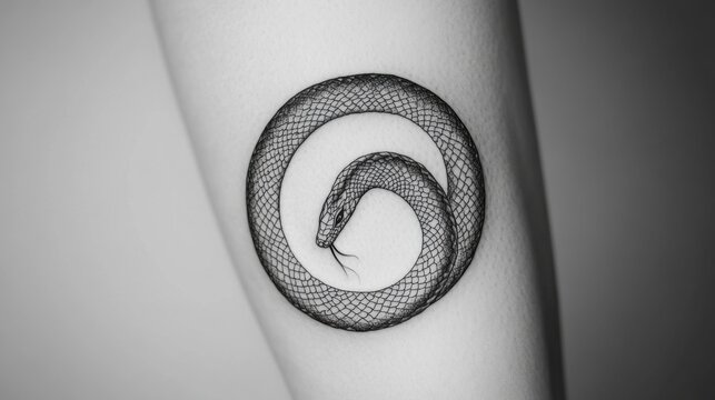 Black line tattoo of a serpent coiled in a circle, bold and intricate against a smooth white backdrop.