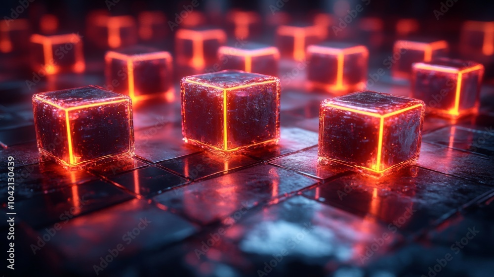 Poster A collection of luminous cubes is scattered across a dark reflective surface at night, creating a striking visual effect with their glowing edges, highlighting a futuristic aesthetic.