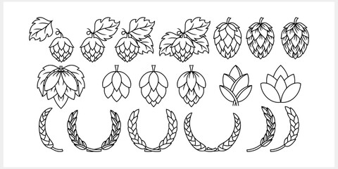 Hand drawn hop cone with leaves. Engraving sketch. Design elements for logo, emblem, restaurant menu, craft beer pub, brewery. Wreath of wheat ears. Vector stock illustration