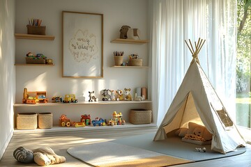 Cozy children's playroom with teepee tent and toys in natural light