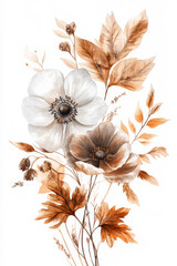 A stunning boho watercolor composition featuring delicate anemone flowers in soft shades, combined with dry autumn leaves in warm browns and golds. The intricate design is isolated on a white