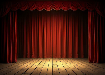 A historical theater stage with old, weathered floorboards, red curtains, and dim yellow lighting casting long shadows on the empty space.