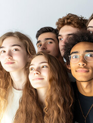 Fototapeta premium Multi-ethnic beauty and friendship. Group of beautiful different ethnicity women on background, Diversity, beauty and portrait of women from above with smile, self love and solidarity in studio. 