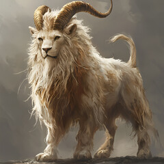 Obraz premium Majestic fantasy creature combining lion and goat features with flowing mane and curved horns. 