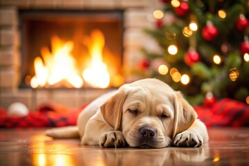 Cute Labrador puppy sleeping in front of Christmas fireplace, golden retriever
