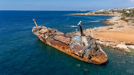 drone photo of a shipwreck in Cyprus that has been stranded for years and is a tourist attraction