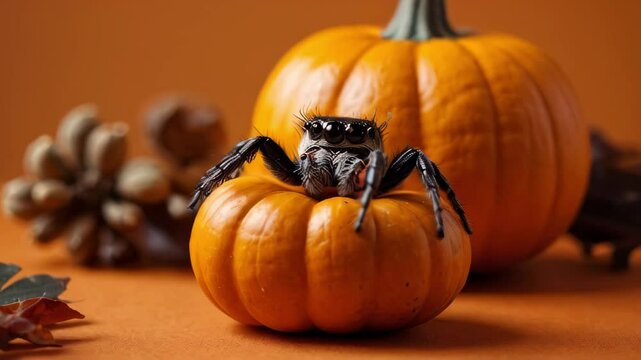 Charming Small Black and White Jumping Spider on Vibrant Orange Pumpkin Surrounded by Fall Decor