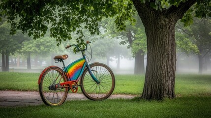 Fototapeta premium Colorful Bike Near Tree in Foggy Park Scene