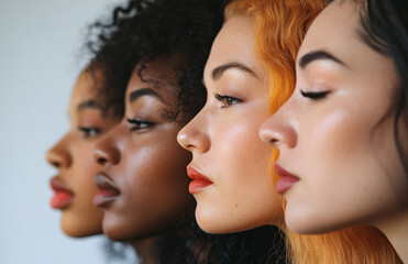 Obraz premium Multi-ethnic beauty and friendship. Group of beautiful different ethnicity women on background, Diversity, beauty and portrait of women from above with smile, self love and solidarity in studio. 