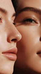 Obraz premium Multi-ethnic beauty and friendship. Group of beautiful different ethnicity women on background, Diversity, beauty and portrait of women from above with smile, self love and solidarity in studio. 