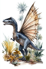 A dramatic watercolor illustration of a Spinosaurus, its sail-like back visible among ancient palm-like plants. The dinosaur is isolated, ideal for educational and artistic projects.