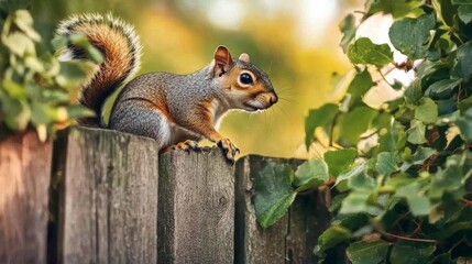Curious Squirrel on a Wooden Fence Surrounded by Greenery in the Afternoon Light
