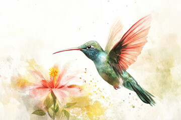 Fototapeta premium A hand-drawn watercolor illustration of a colorful hummingbird hovering over a flower, its feathers shimmering in shades of green, blue, and pink. This tropical bird is isolated against a white