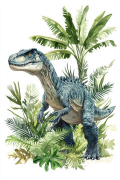A peaceful Iguanodon surrounded by ancient cycads and ferns, painted in soft watercolor. The dinosaur is isolated on a white background, perfect for educational materials.