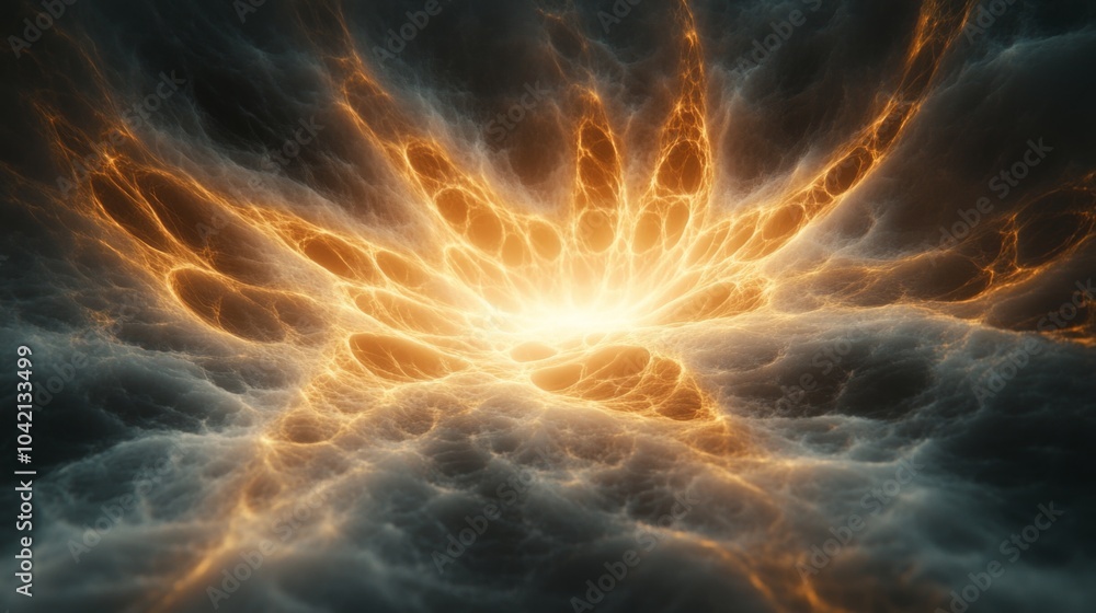 Leinwandbilder Swirling orange light bursts forth from dark clouds, creating a captivating cosmic display that inspires awe and curiosity about the universe.