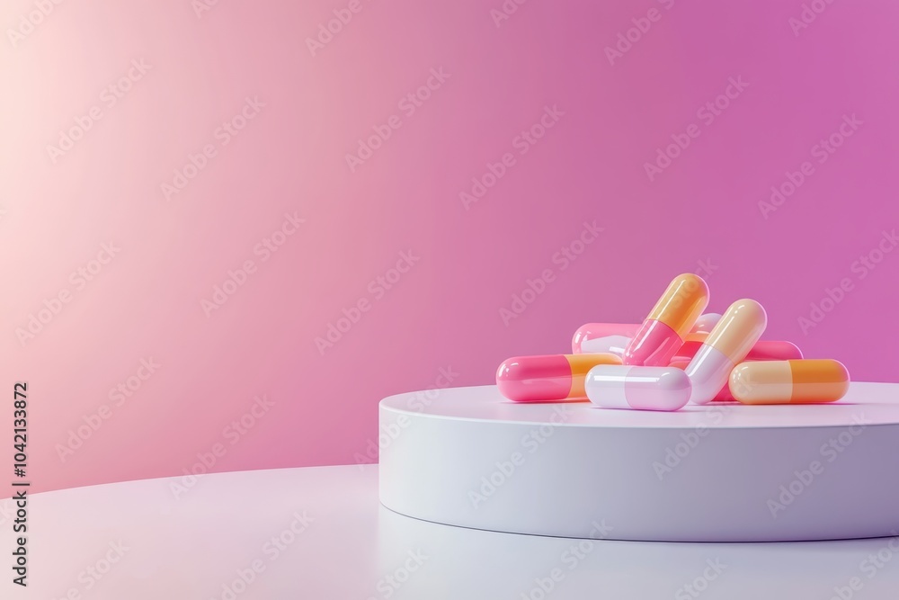 Poster colorful capsules arranged on a circular display with a gradient pink background