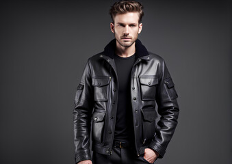 Fototapeta premium Heavy-Duty Black Leather Cargo Jacket with Modern Pockets