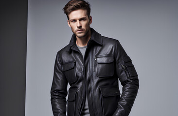Obraz premium Sleek Design Black Cowhide Leather Jacket for Winter