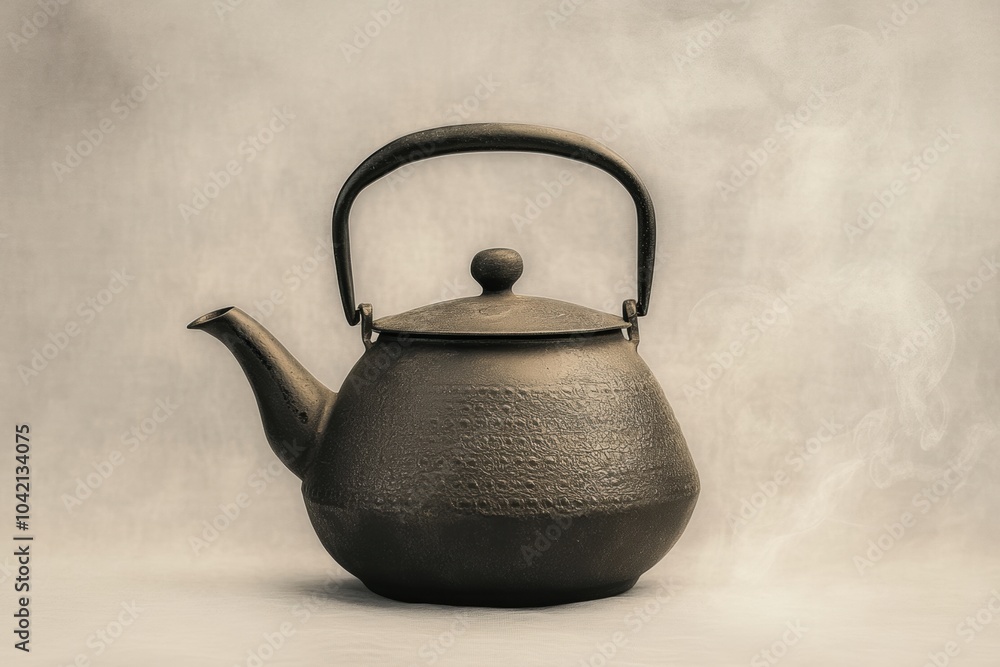 Poster a traditional tea kettle releases thin lines of steam, enhancing the serene ambiance of the light, m