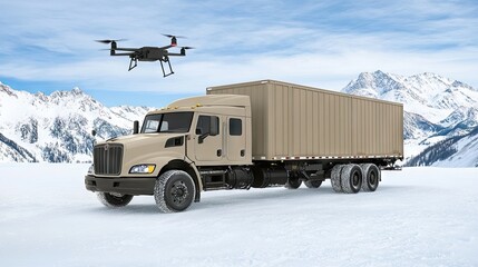 A military truck traverses rugged terrain as a drone surveys the battlefield under a vibrant blue sky with scattered clouds