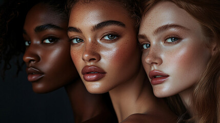 Fototapeta premium Multi-ethnic beauty and friendship. Group of beautiful different ethnicity women on background, Diversity, beauty and portrait of women from above with smile, self love and solidarity in studio. 