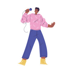 Man Character Singing with Microphone Enjoy Karaoke Vector Illustration