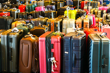 Many different sizes and colors variegated rolling travel suitcases in the airport baggage terminal