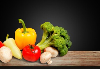 Fresh organic ripe fruits and vegetables on the desk