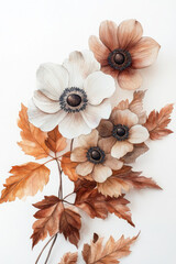 A delicate boho-inspired composition of anemones paired with dry leaves, painted in watercolor with warm autumn hues. The flowers and foliage are arranged beautifully, making this artwork perfect for