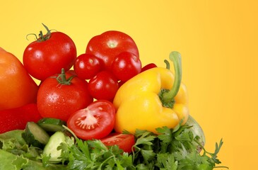 Fresh organic ripe fruits and vegetables on the desk