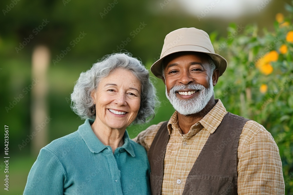 Wall mural happy senior couple embracing outdoors in nature.