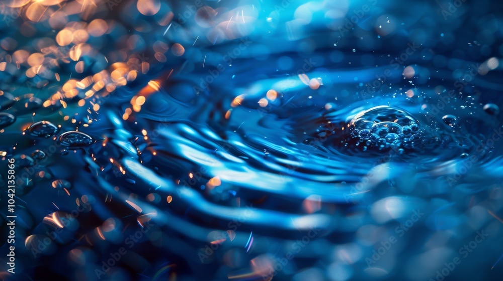 Poster ripples and bubbles form on a reflective surface of blue water. concept of serenity and movement. fo