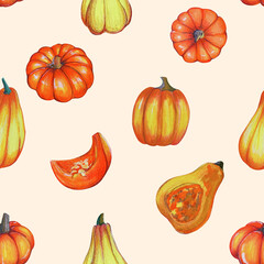 Hand-Drawn Halloween Pumpkin Pattern in Vibrant Orange, Using Markers and Colored Pencils, Simple and Cheerful Design