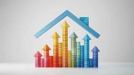 colored house in lgbt style and arrows up. Construction in repair, purchase of real estate and living
