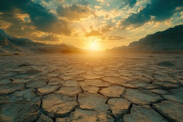 Stunning sunset over a cracked, dry landscape with dramatic clouds and distant mountains