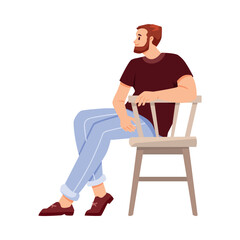 Bearded Man Character Sitting on Chair and Listen Vector Illustration