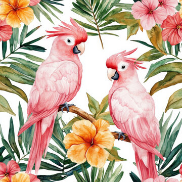 A stunning tropical seamless pattern featuring pink cockatoos, palm leaves, and vibrant flowers. The watercolor design showcases the elegance of the parrots and the beauty of tropical flora, making it
