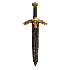 A detailed, ornate sword with a golden hilt and black blade on a white isolate background, symbolizing medieval history.