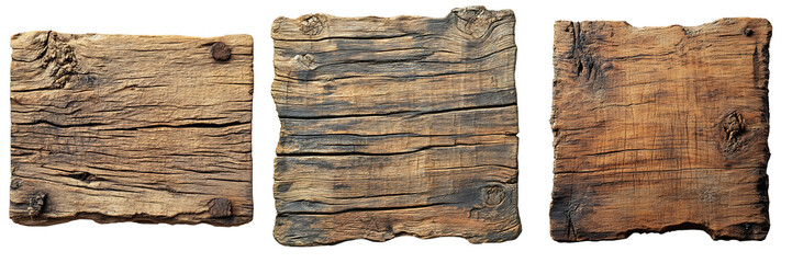 Set of rustic wooden sign with rough edges and visible grain patterns isolated on transparent background